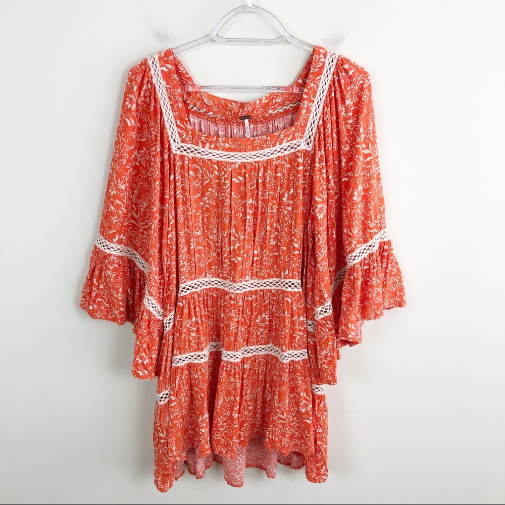 Free People Talk About It Orange Floral Tunic Top